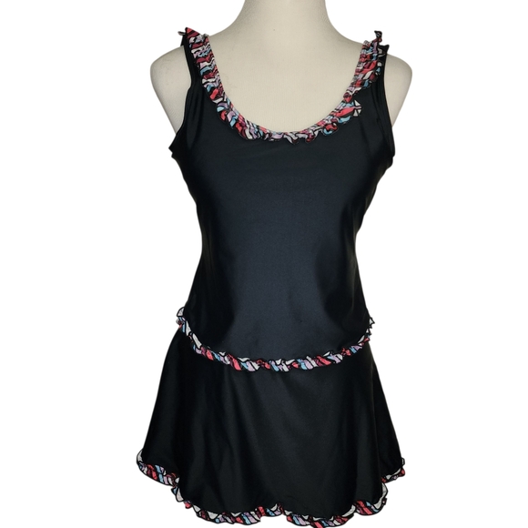 Boutique Tankini Swim Skirt Set XLARGE Black  Padded Swimsuit Tank Ruffle NWOT - Picture 1 of 12